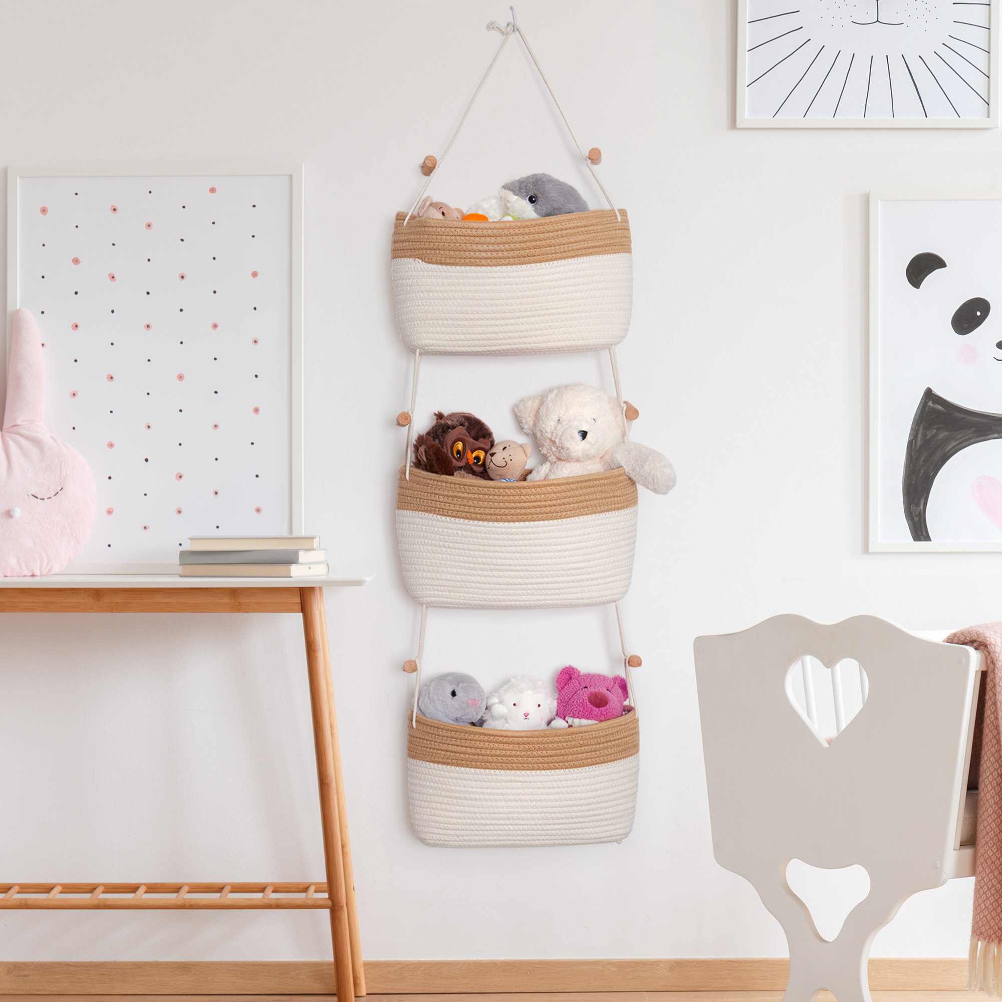 Nursery set of hanging lamp, bunting outlets and storage baskets